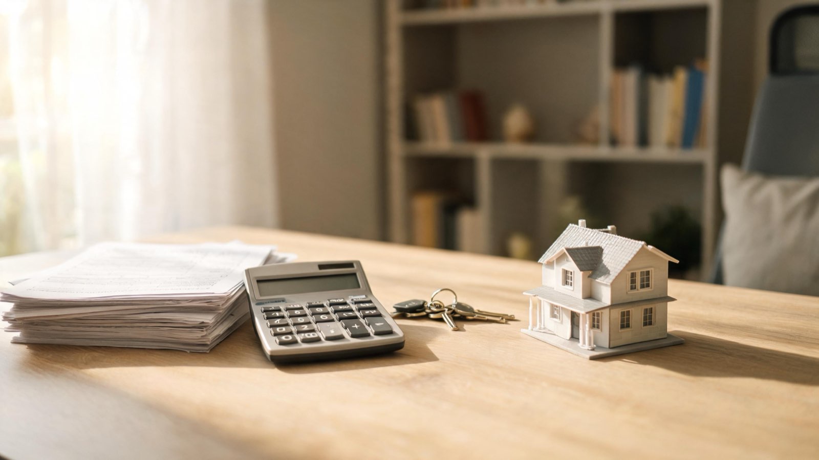 Rekenmachine, WOZ-beschikking en aangiftepapieren op een bureau, ter illustratie van de box 3 belasting op een verhuurde woning