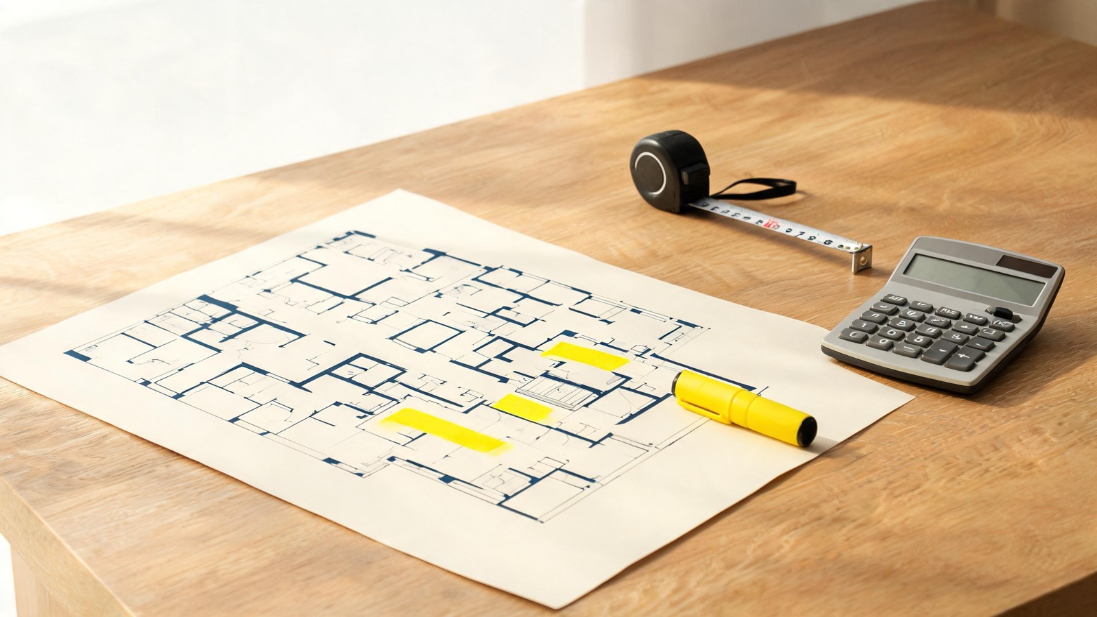 Plattegrond met meetlint en rekenmachine, ter illustratie van het tellen van WWS-punten
