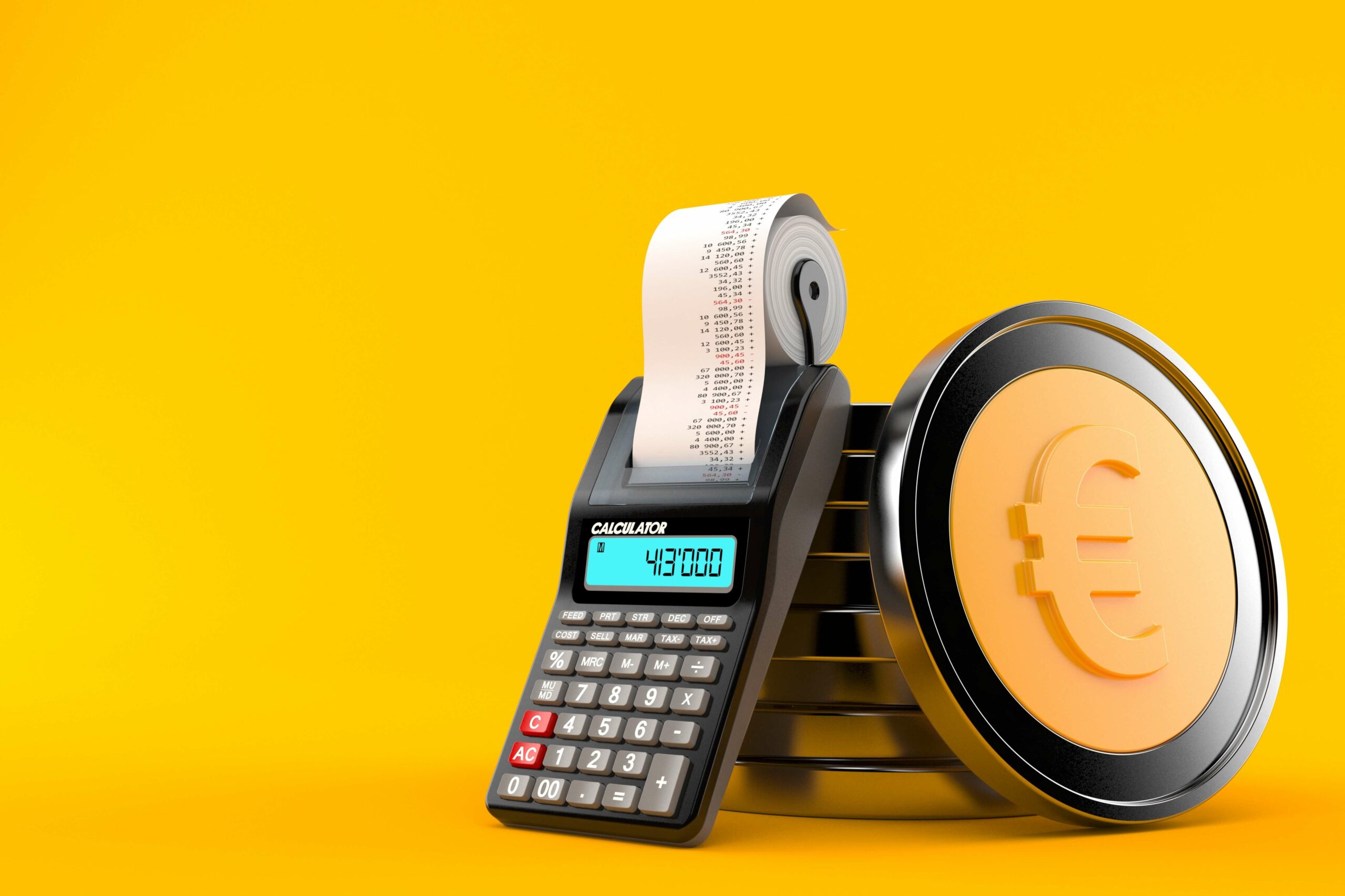 Rekenmachine met telrol naast een grote euromunt, symbool voor de kosten van vastgoedbeheer en uitbesteden